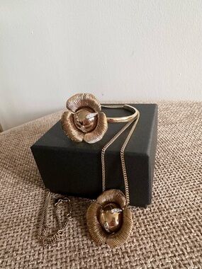 Nina Ricci Gold Floral Rhinestone  Necklace and Bangle Set